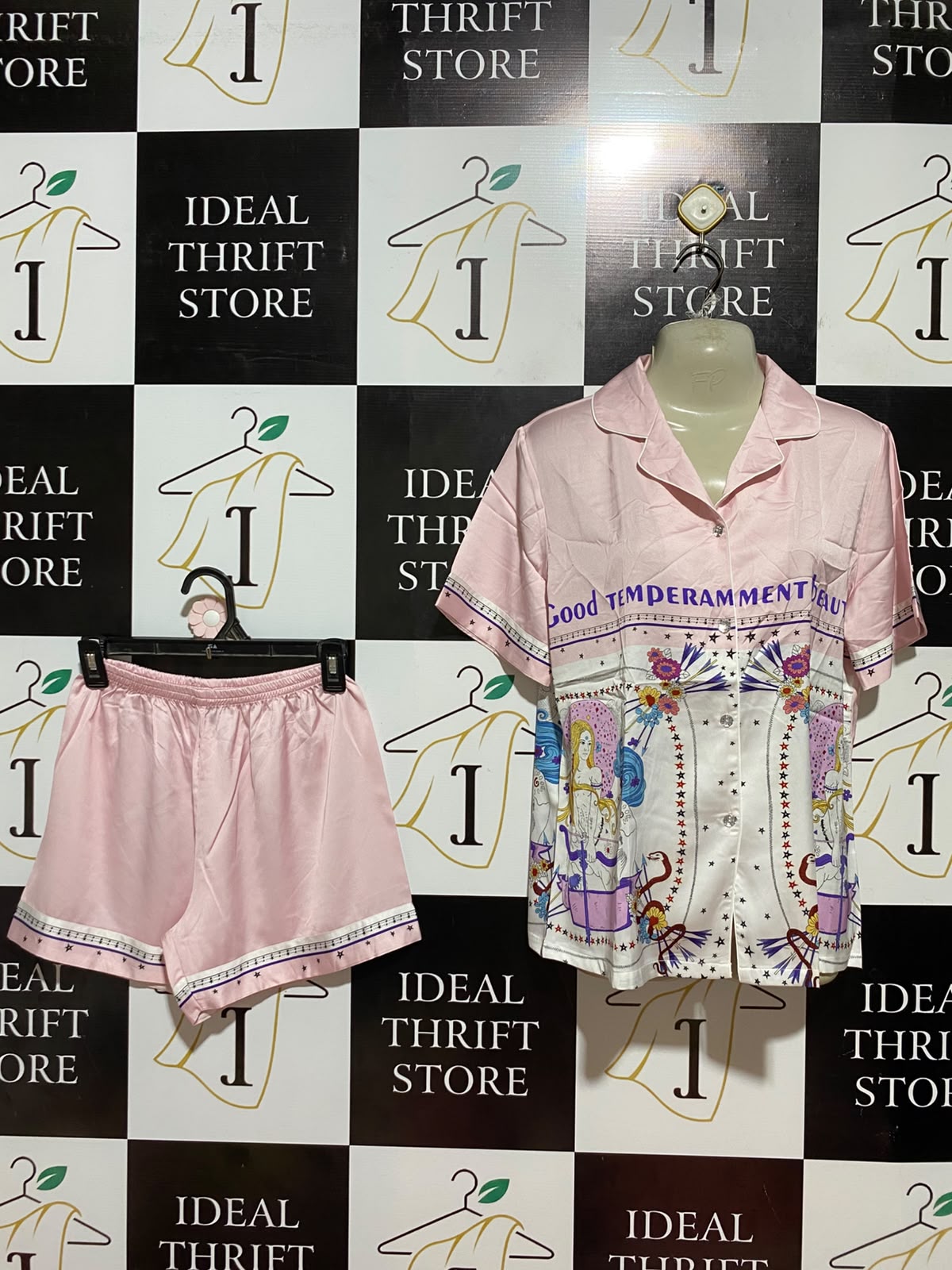 PHUONG THAO |M| B36| LADIES PINK SATIN NIGHTWEAR 2-PIECE PJS SET (SHORT-SLEEVE SHIRT & SHORTS)
