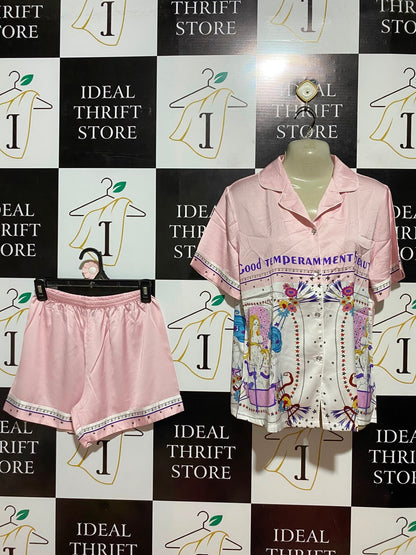 PHUONG THAO |M| B36| LADIES PINK SATIN NIGHTWEAR 2-PIECE PJS SET (SHORT-SLEEVE SHIRT & SHORTS)
