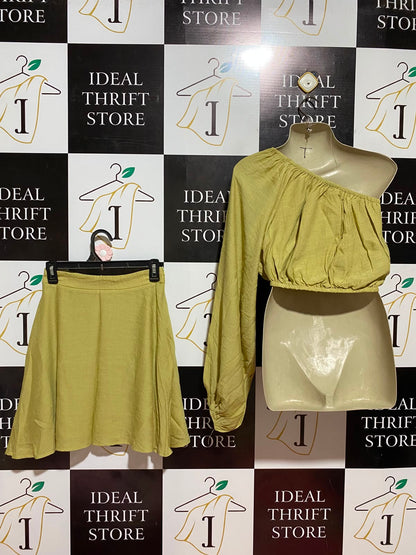 SHOWPO |S| B36| LADIES OLIVE GREEN LIME ONE-SHOULDER 2-PIECE CO-ORD SET (CROP TOP & MINI SKIRT)