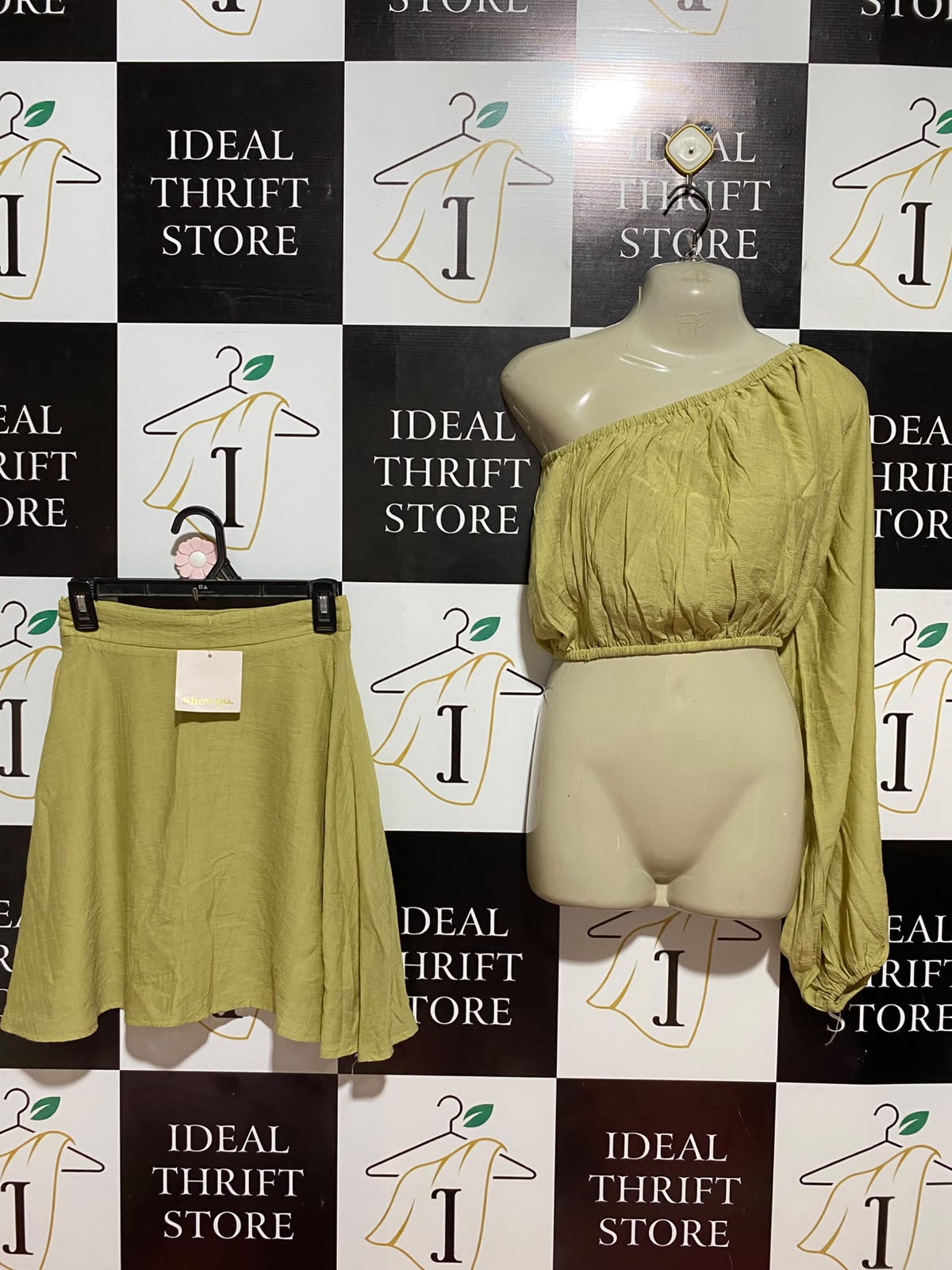 SHOWPO |S| B36| LADIES OLIVE GREEN LIME ONE-SHOULDER 2-PIECE CO-ORD SET (CROP TOP & MINI SKIRT)