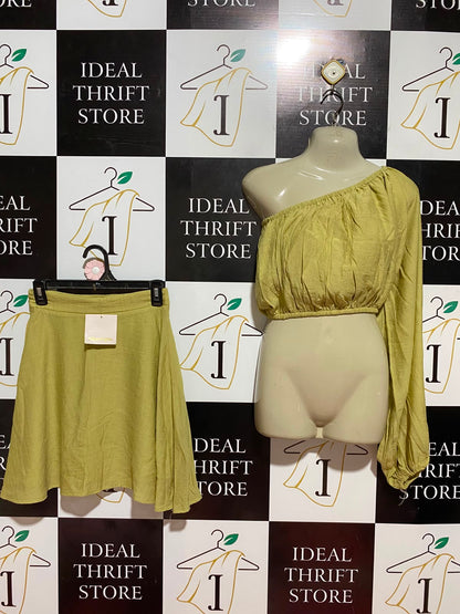 SHOWPO |S| B36| LADIES OLIVE GREEN LIME ONE-SHOULDER 2-PIECE CO-ORD SET (CROP TOP & MINI SKIRT)