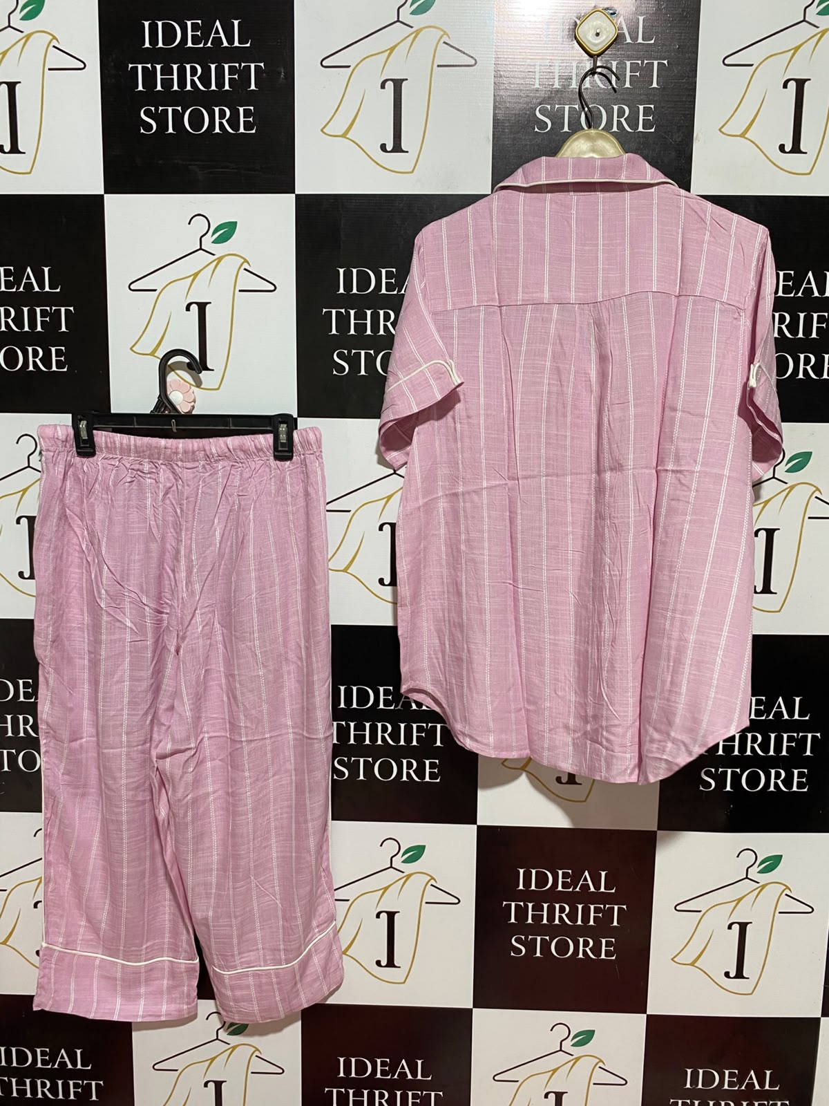 PETERRALE XANDER |L| B36| LADIES PINK STRIPED NIGHTWEAR 2-PIECE PAJAMA SET (SHORT-SLEEVE SHIRT & TROUSERS)
