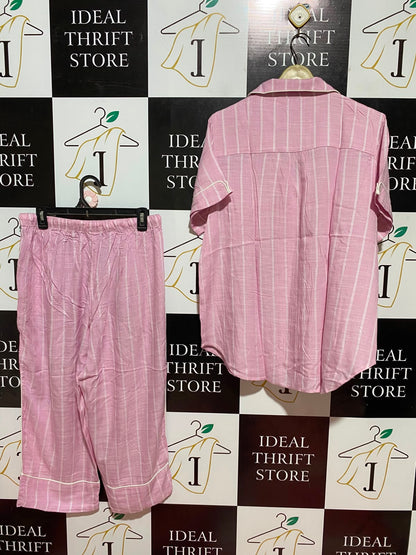 PETERRALE XANDER |L| B36| LADIES PINK STRIPED NIGHTWEAR 2-PIECE PAJAMA SET (SHORT-SLEEVE SHIRT & TROUSERS)