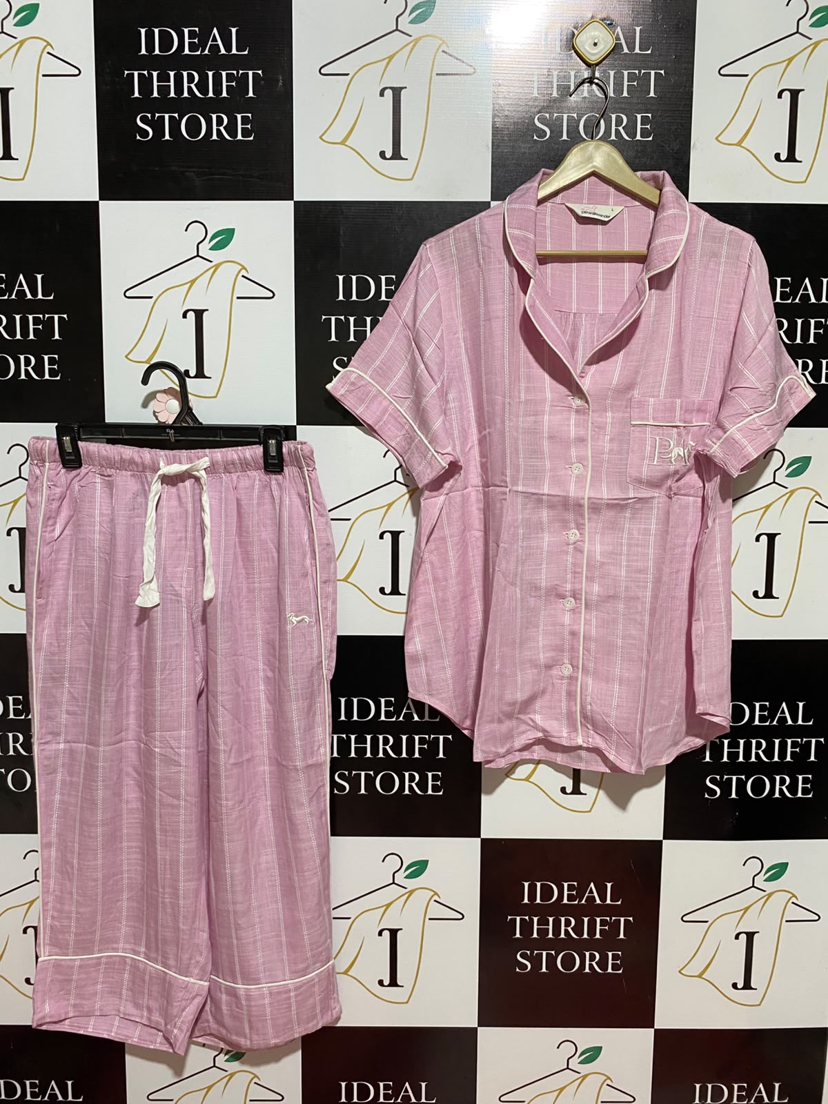 PETERRALE XANDER |L| B36| LADIES PINK STRIPED NIGHTWEAR 2-PIECE PAJAMA SET (SHORT-SLEEVE SHIRT & TROUSERS)