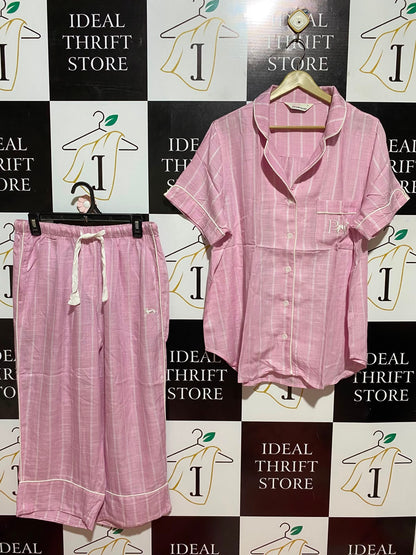 PETERRALE XANDER |L| B36| LADIES PINK STRIPED NIGHTWEAR 2-PIECE PAJAMA SET (SHORT-SLEEVE SHIRT & TROUSERS)