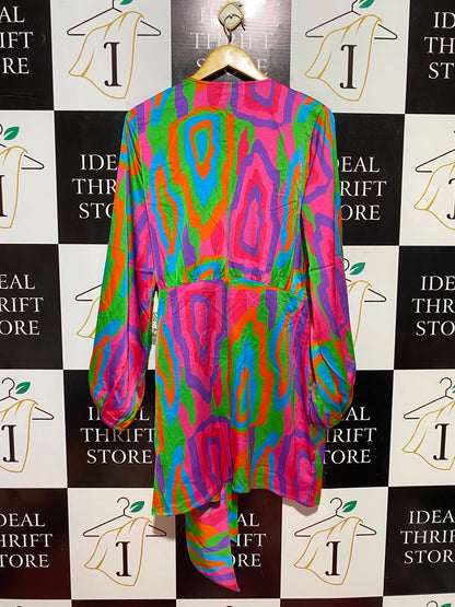 NEVER FULLY DRESSED |L| BUST 20| B36| MULTICOLOUR PSYCHEDELIC PRINT WRAP MINI DRESS