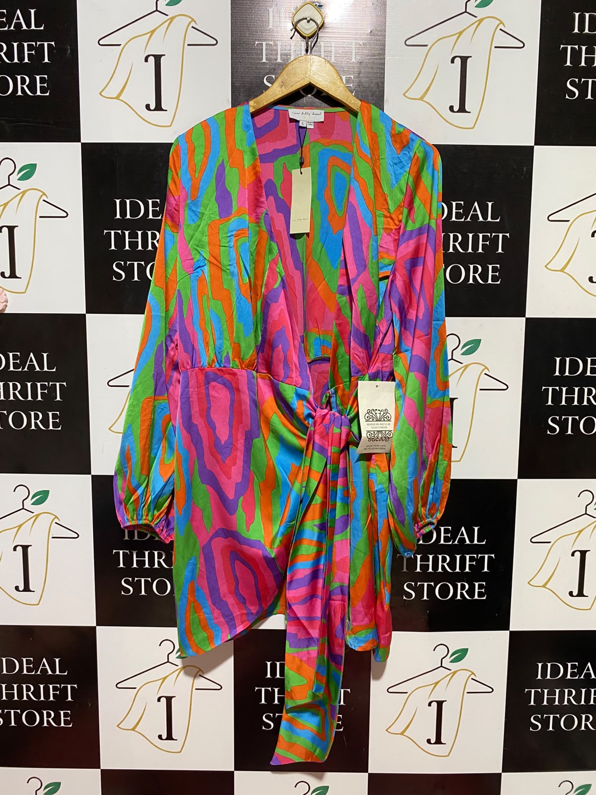 NEVER FULLY DRESSED |L| BUST 20| B36| MULTICOLOUR PSYCHEDELIC PRINT WRAP MINI DRESS