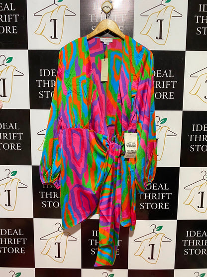 NEVER FULLY DRESSED |L| BUST 20| B36| MULTICOLOUR PSYCHEDELIC PRINT WRAP MINI DRESS