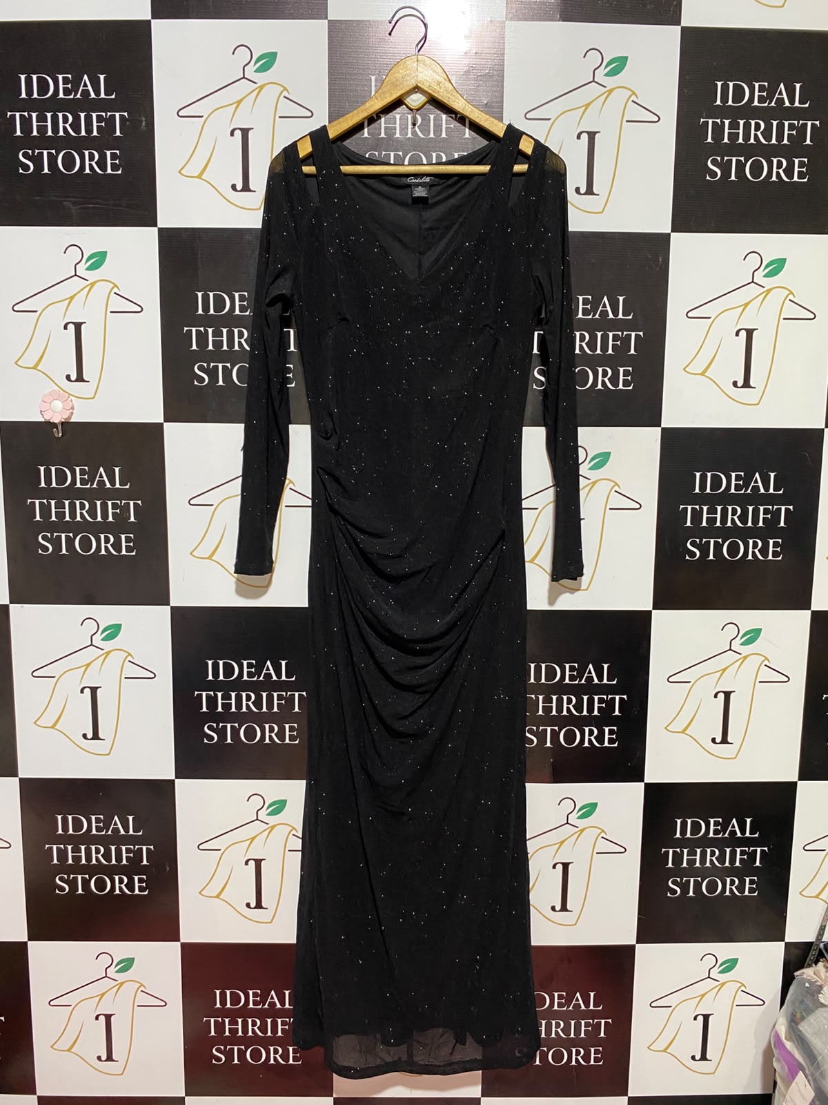 CANDOLATE |M| BUST 18| B36| BLACK GLITTERY COLD-SHOULDER MAXI DRESS
