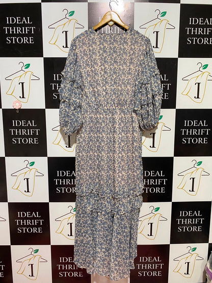 THREE OF SAMETHING |L| BUST 20| B36| BLUE & BEIGE PAISLEY PRINT TIERED MAXI DRESS