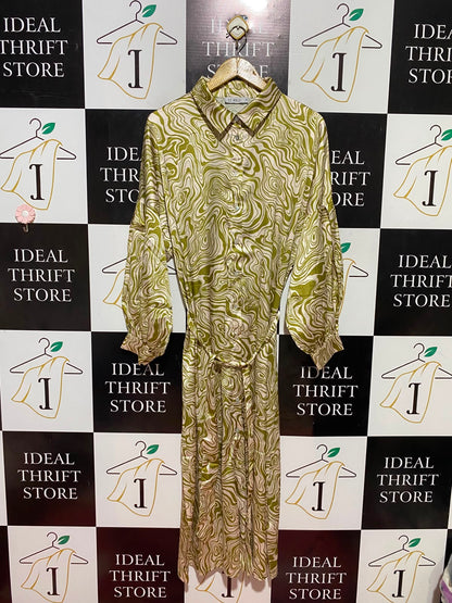 ST MRLO |L| BUST FREE| B36| OLIVE GREEN ABSTRACT MARBLE SHIRT DRESS WITH BELT
