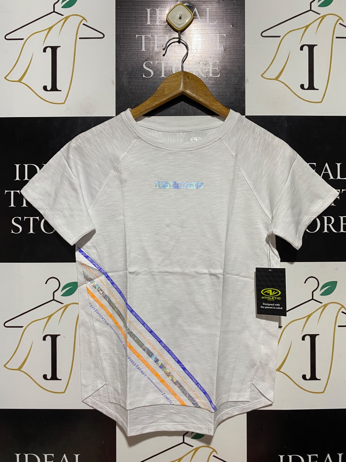 ATHLETIC |S| BUST 16| B36| WOMEN'S LIGHT GREY HOLOGRAPHIC GRAPHIC STRIPE ATHLETIC T-SHIRT