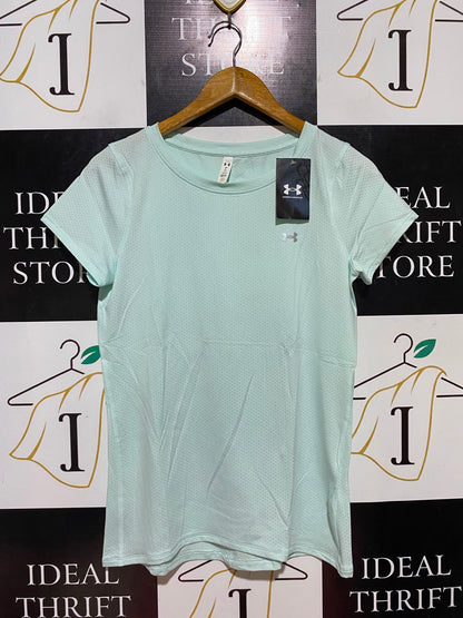 UNDER ARMOUR |M| BUST 17| B36| WOMEN'S LIGHT GREY HOLOGRAPHIC GRAPHIC STRIPE ATHLETIC T-SHIRT -