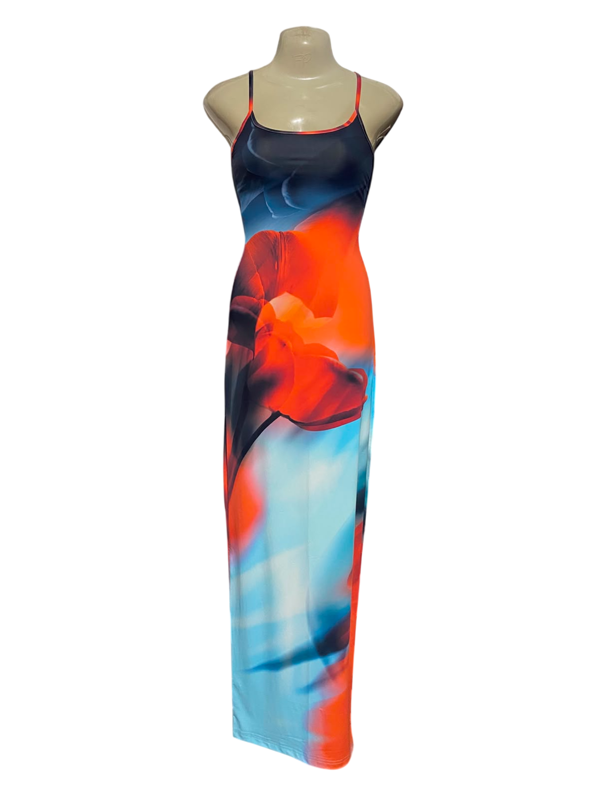 WHITE FOX |XS| BUST 15| B36| VIBRANT MULTICOLOR FLORAL PRINT MAXI DRESS - SLEEK STRAPPY HIGH-STRETCH BODYCON LONG DRESS FOR WOMEN