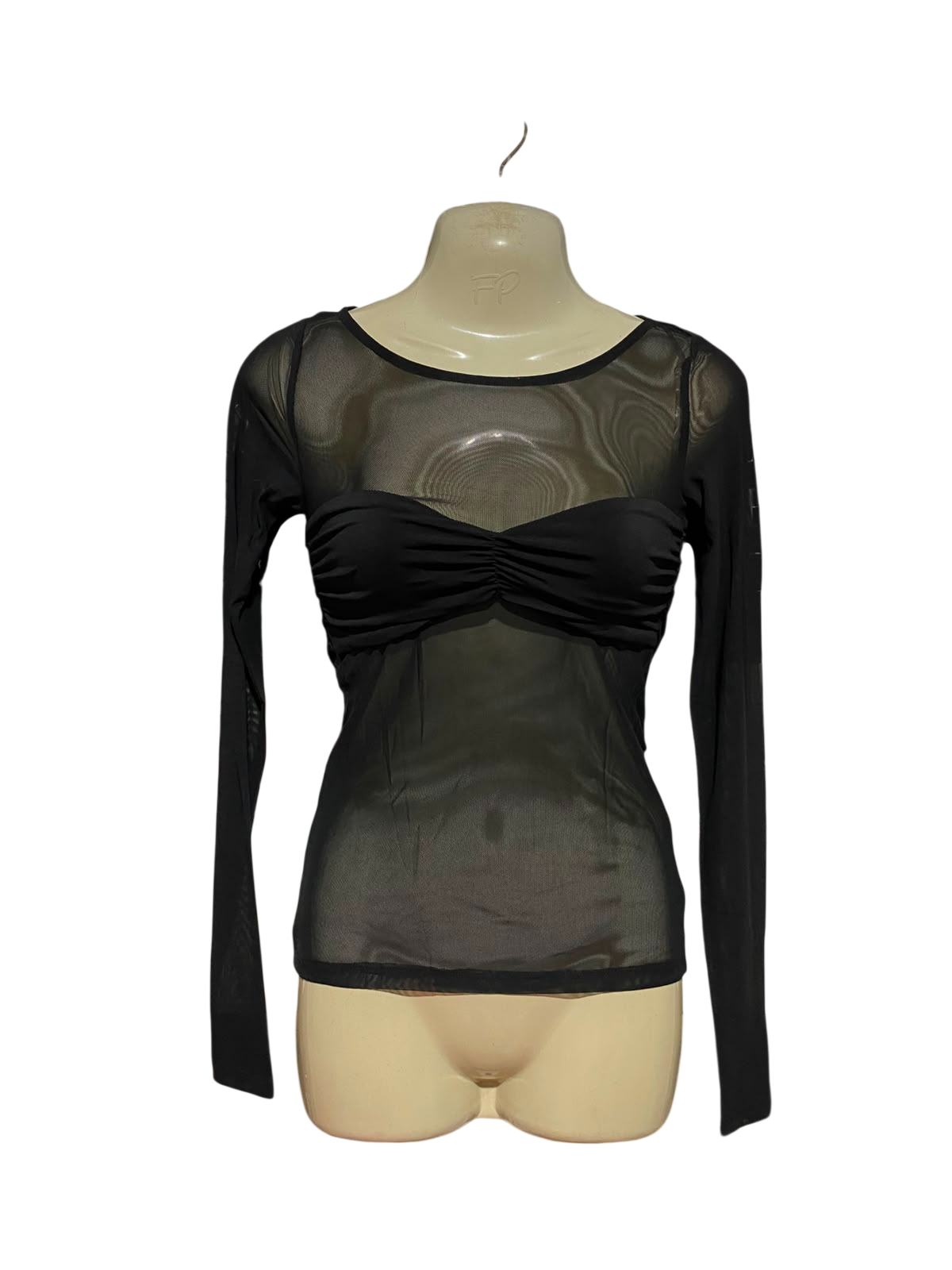 GLASSONS |XS| BUST 15| B36| CHIC BLACK LONG-SLEEVE MESH TOP WITH SWEETHEART RUCHED BUSTIER - SHEER BODYCON BLOUSE FOR WOMEN