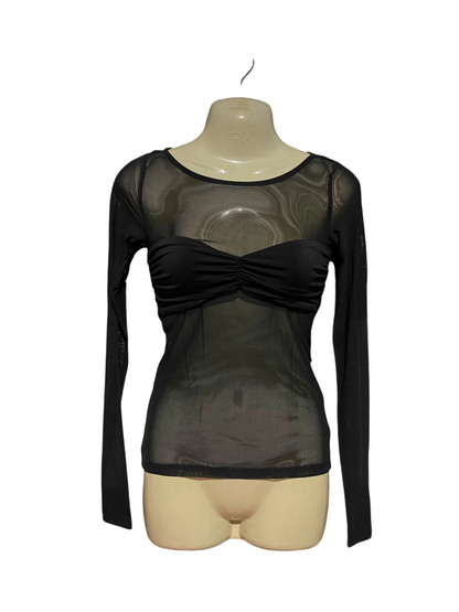 GLASSONS |XS| BUST 15| B36| CHIC BLACK LONG-SLEEVE MESH TOP WITH SWEETHEART RUCHED BUSTIER - SHEER BODYCON BLOUSE FOR WOMEN