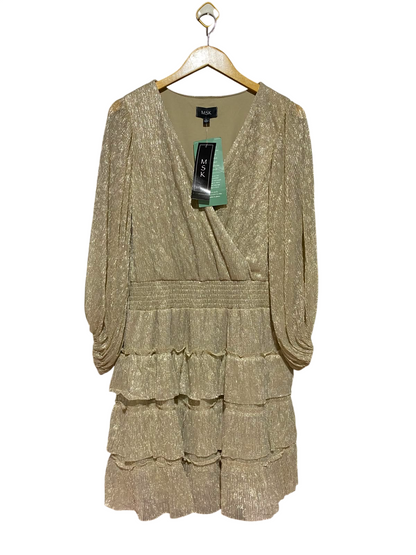 MSK |XL| BUST 20| B36| WOMEN'S METALLIC SHIMMER GOLD V-NECK TIRED COCKTAIL DRESS WITH SMOCKED WAIST AND LONG SLEEVES