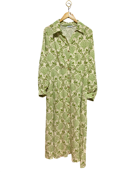VALLEY GIRL |XL| BUST 22| B36| WOMEN'S ELEGANT GREEN DAMASK PRINT BUTTON-DOWN MIDI DRESS WITH SHIRT COLLAR AND LONG CONVERTIBLE SLEEVES