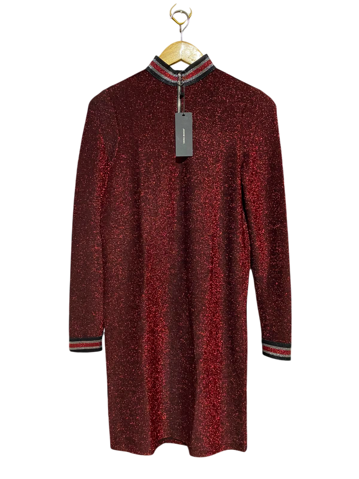 VERO MODA |M| BUST 17| B36| WOMEN'S SHIMMERING SHIELD RED GLITTER MOCK NECK HALF-ZIP MINI DRESS WITH STRIPED CUFFS