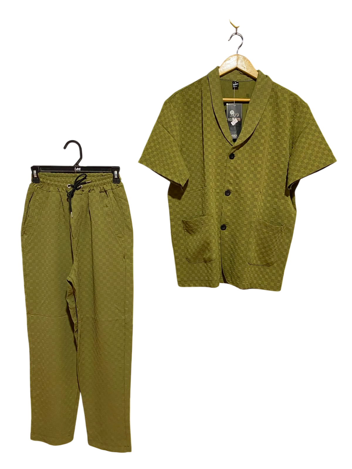 FASHION |M| B36| UNISEX TWO-PIECE LOUNGEWEAR SET WITH CHECKERED TEXTURED SHIRT AND MATCHING DRAWSTRING PANTS IN OLIVE GREEN