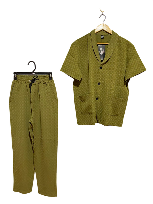 FASHION |M| B36| UNISEX TWO-PIECE LOUNGEWEAR SET WITH CHECKERED TEXTURED SHIRT AND MATCHING DRAWSTRING PANTS IN OLIVE GREEN