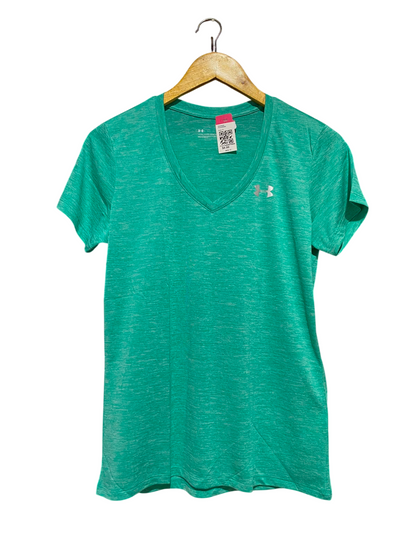 UNDER ARMOUR |M| BUST 18| B36| WOMEN'S HEATGEAR SHORT SLEEVE V-NECK ATHLETIC T-SHIRT IN HEATHER GREEN