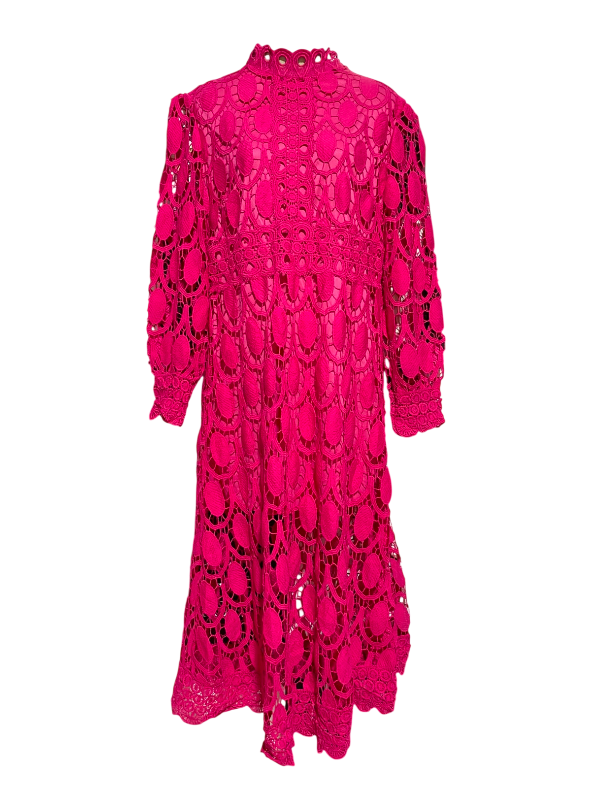 |M| BUST 18| B36| WOMEN'S VIBRANT HOT PINK MOCK NECK EYELET LACE MIDI DRESS WITH LONG PUFF SLEEVES