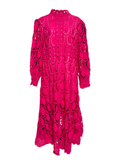 |M| BUST 18| B36| WOMEN'S VIBRANT HOT PINK MOCK NECK EYELET LACE MIDI DRESS WITH LONG PUFF SLEEVES
