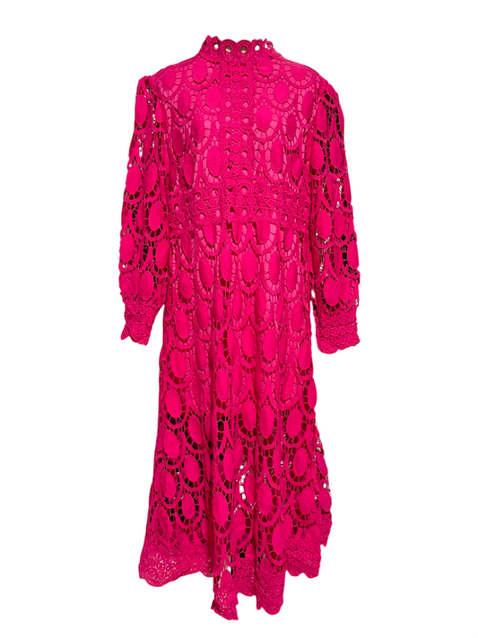 |M| BUST 18| B36| WOMEN'S VIBRANT HOT PINK MOCK NECK EYELET LACE MIDI DRESS WITH LONG PUFF SLEEVES