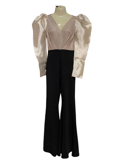 SHEIN |XS| BUST 15| B36| WOMEN'S ELEGANT TWO-TONE PARTY JUMPSUIT WITH GLITTER SHIMMER V-NECK BODICE AND SATIN PUFF LONG SLEEVES