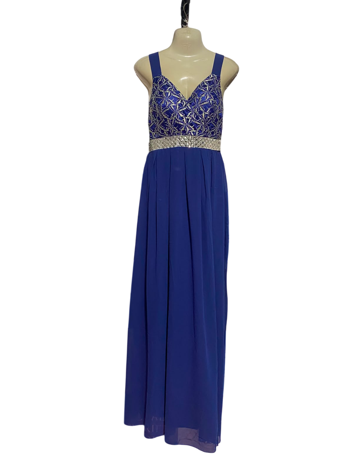 CAROLINE MORGAN |M| BUST 18| B37| WOMEN'S ROYAL BLUE V-NECK MAXI GOWN WITH METALLIC LACE BODICE AND RHINESTONE EMBELLISHED WAISTBAND
