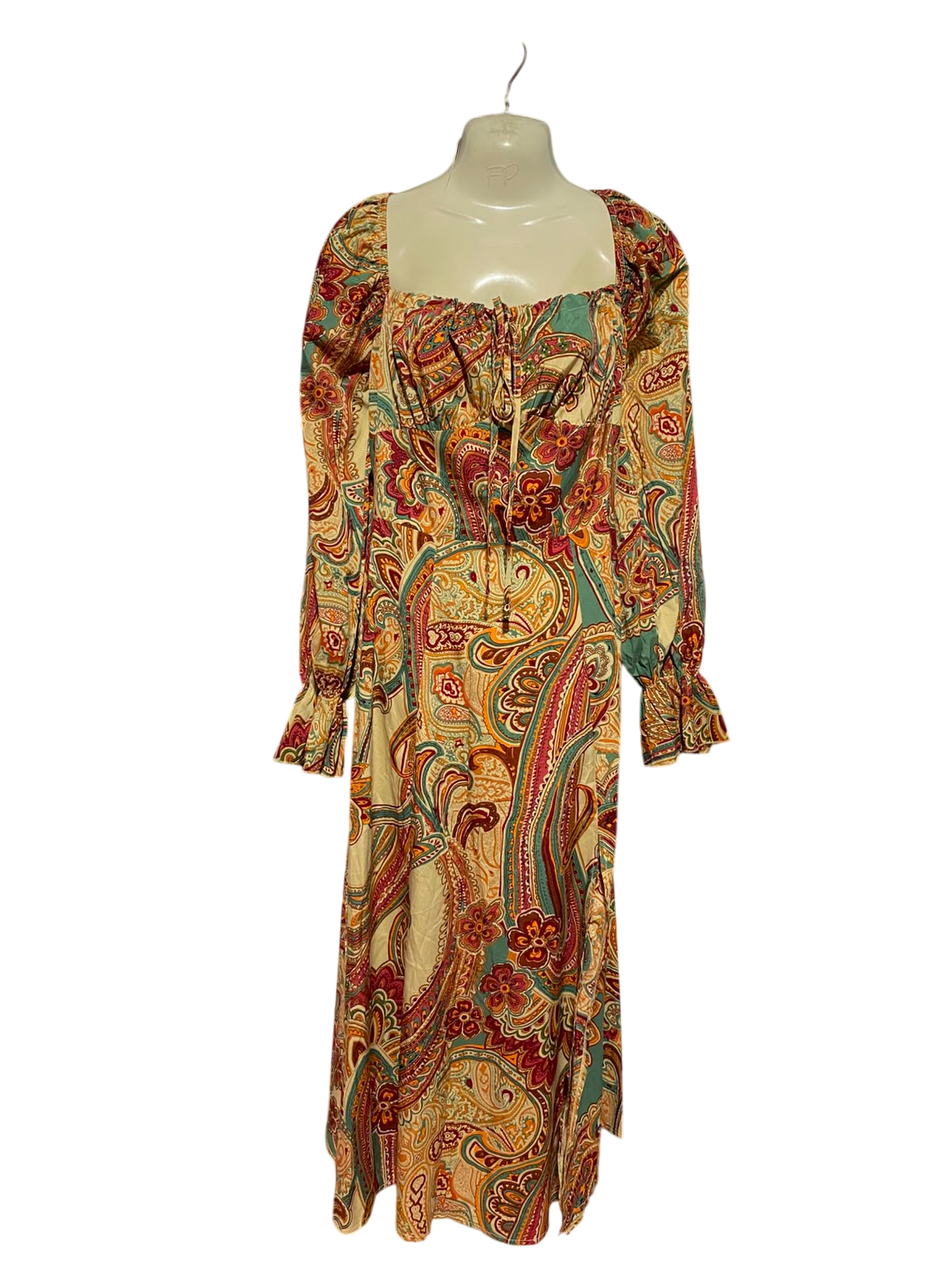 SHEIN |M| BUST 18| B37| WOMEN'S VINTAGE PAISLEY PRINT SQUARE NECK MAXI DRESS WITH RUFFLED LONG SLEEVES AND TIE-FRONT