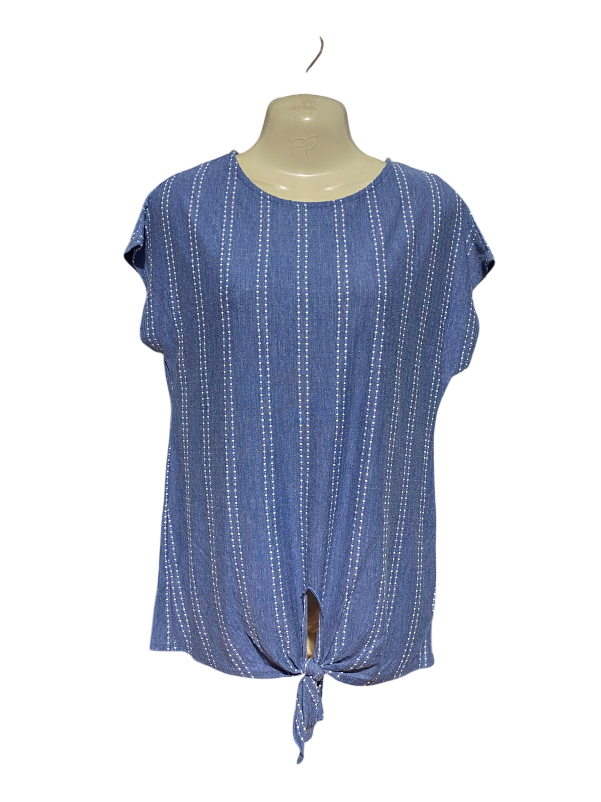 W5 |S| BUST FREE |B37| WOMEN'S CASUAL CHAMBRAY BLUE VERTICAL STRIPE ROUND NECK TOP WITH FRONT TIE