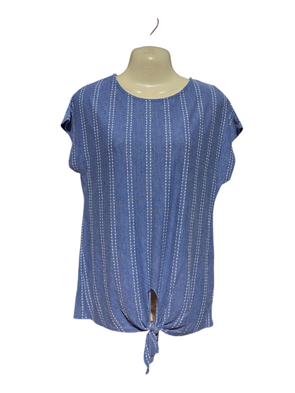 W5 |S| BUST FREE |B37| WOMEN'S CASUAL CHAMBRAY BLUE VERTICAL STRIPE ROUND NECK TOP WITH FRONT TIE