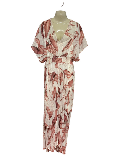 BASQUE |M| BUST FREE |B37| WOMEN'S TROPICAL LEAF PRINT V-NECK MAXI DRESS WITH SMOCKED WAIST AND FLUTTER SLEEVES
