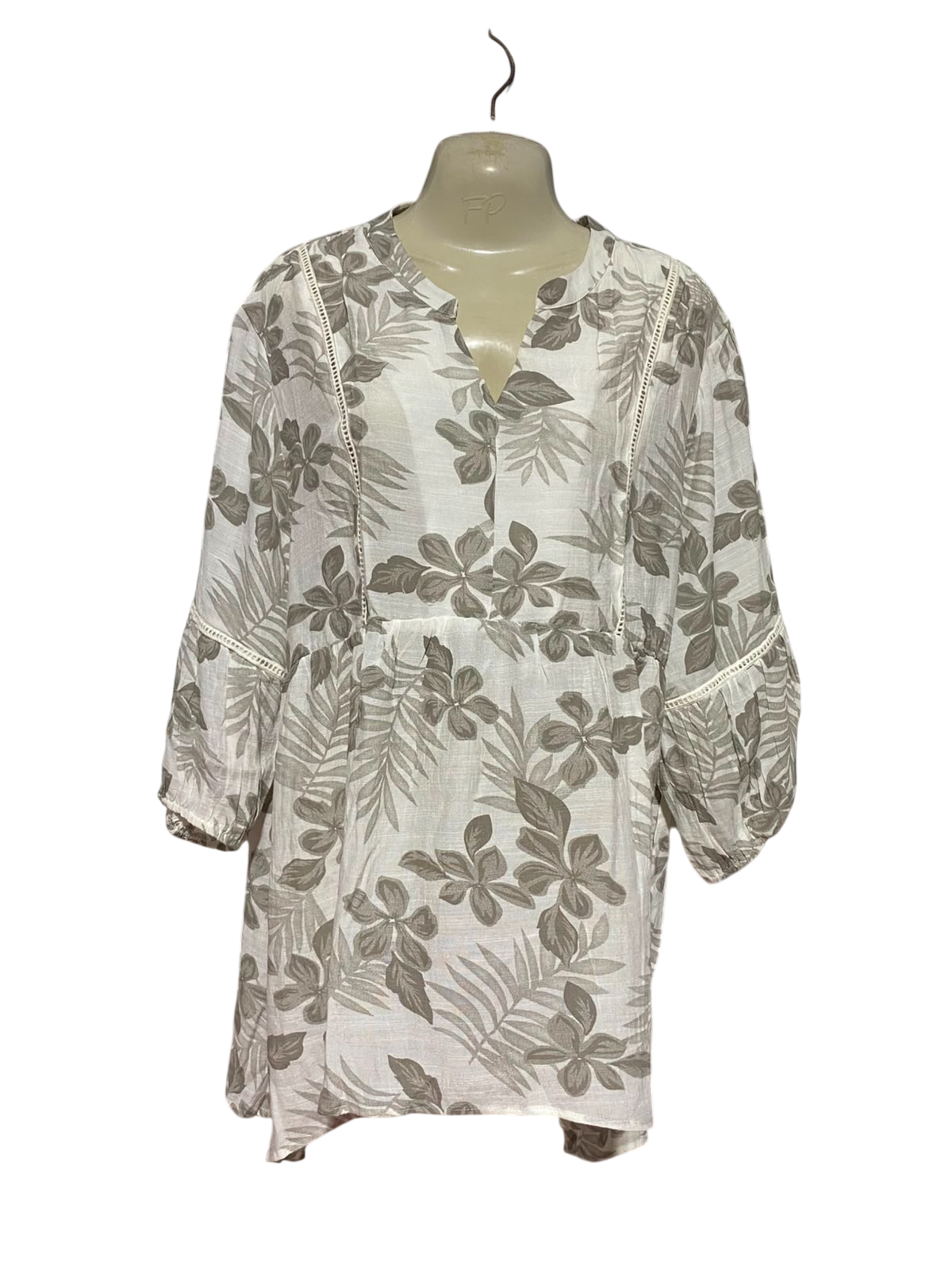 CAROLINE MORGAN |L| BUST 23| B37| ELEGANT GREY LILAC CHAIN LINK PRINT MANDARIN COLLAR BUTTON UP LONG SLEEVE BLOUSE