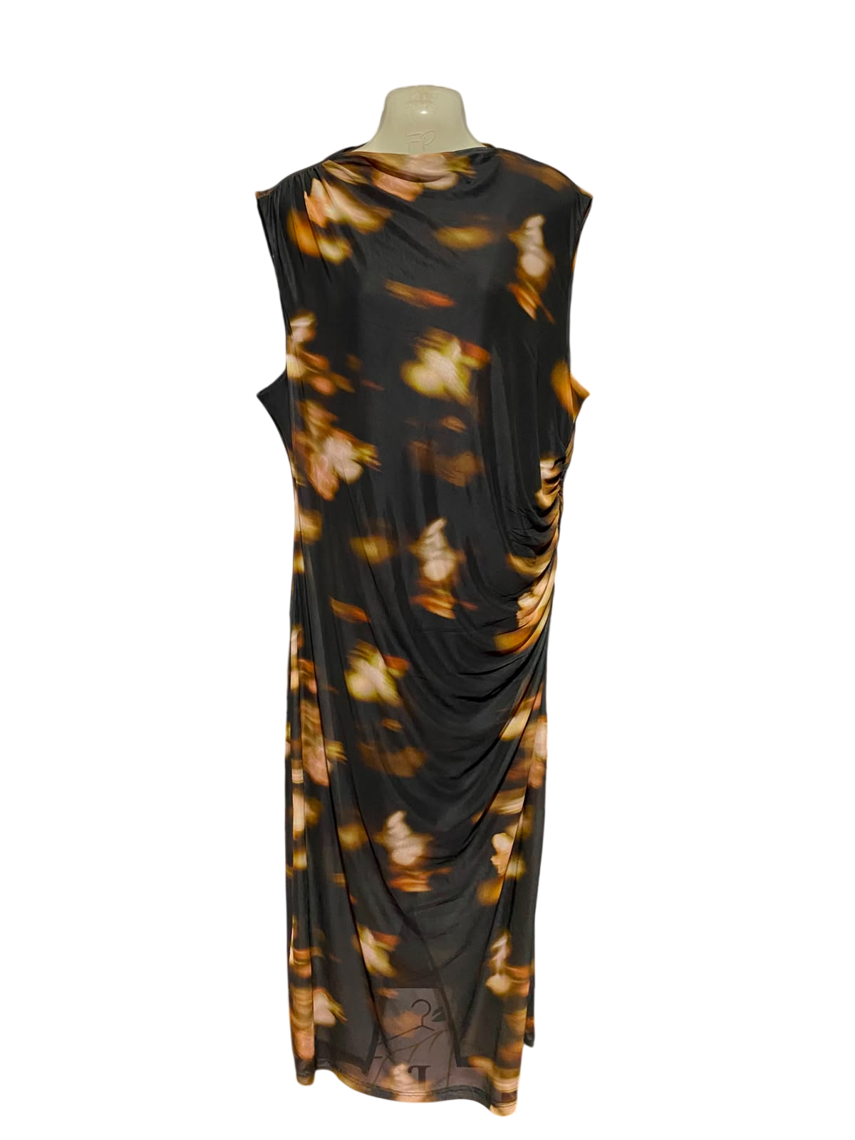 & ME |L| BUST 20| B37| ELEGANT RUCHED COWL NECK ABSTRACT PRINT MIDI DRESS SLEEVELESS BLACK GOLD COCKTAIL SHEATH DRESS