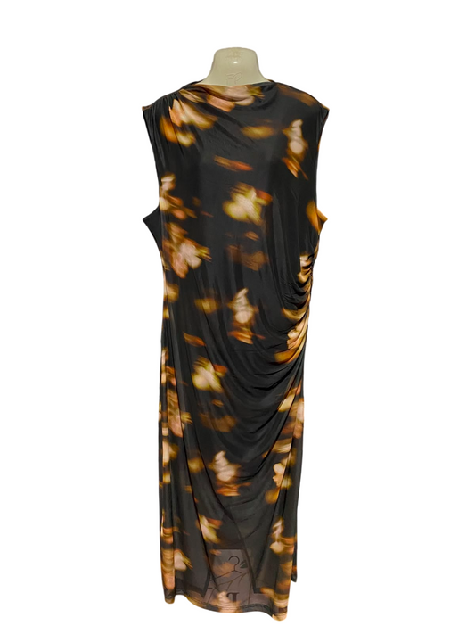 & ME |L| BUST 20| B37| ELEGANT RUCHED COWL NECK ABSTRACT PRINT MIDI DRESS SLEEVELESS BLACK GOLD COCKTAIL SHEATH DRESS