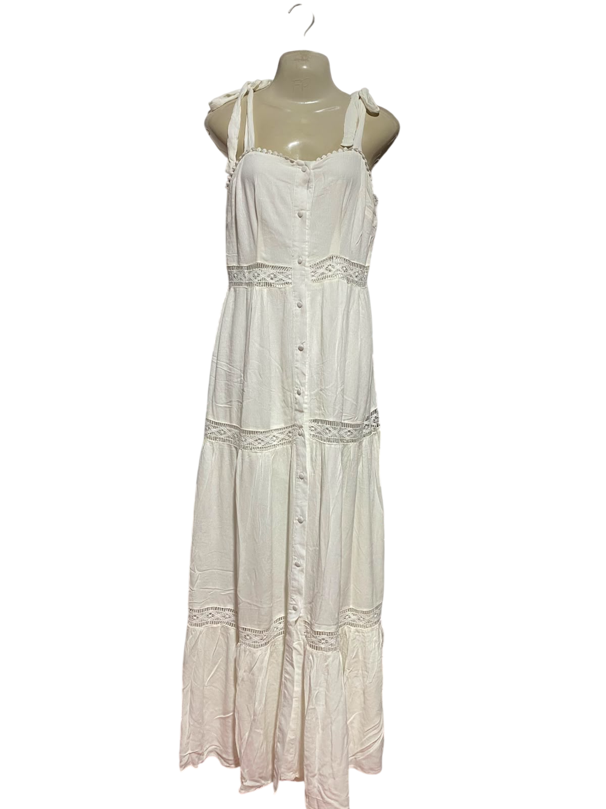 ALLY |M| BUST 17| B37| WHITE COTTON MAXI DRESS TIE UP SHOULDER STRAP CROCHET LACE INSERT TIERED SUNDRESS