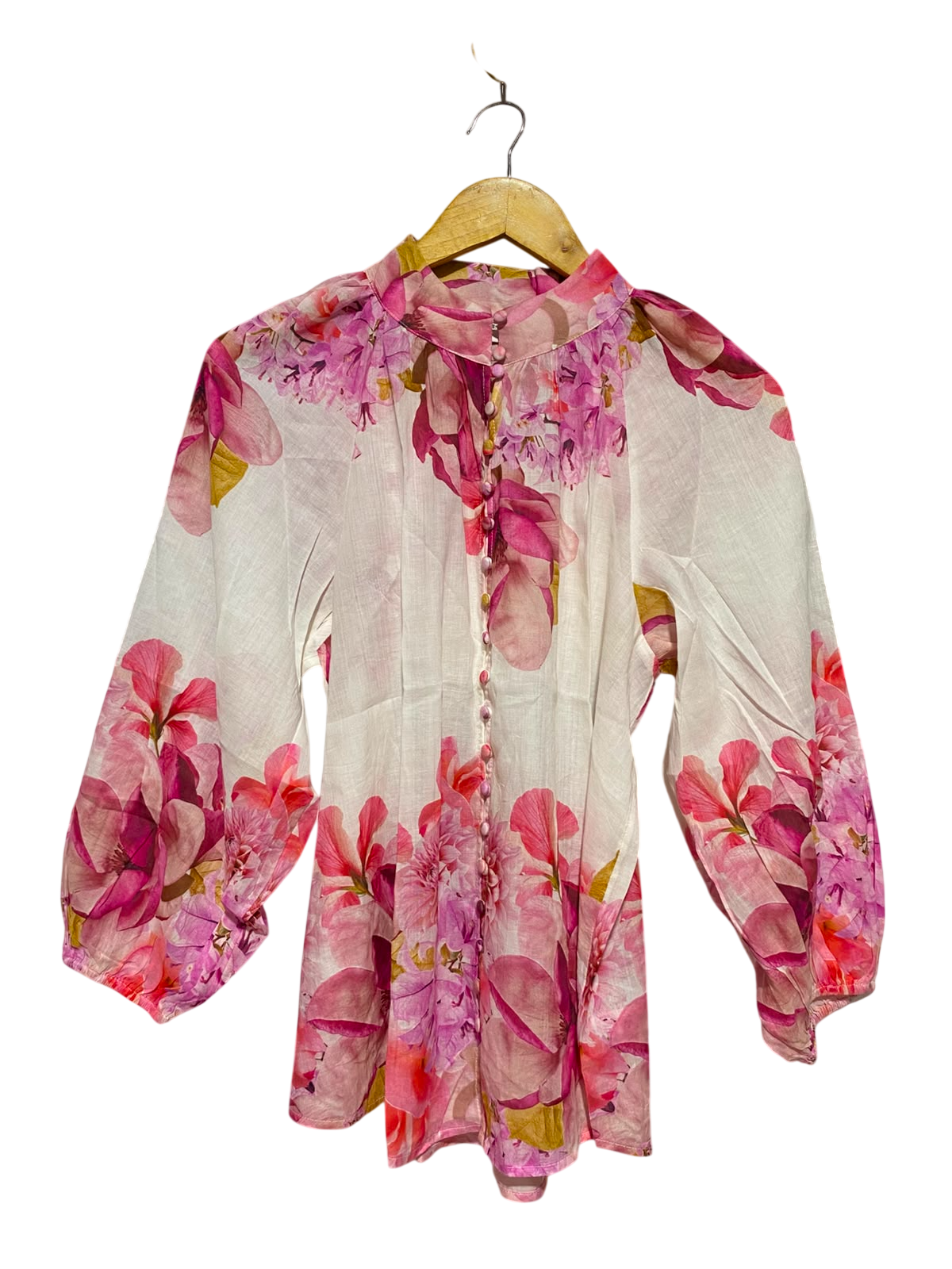 SUSSAN |M| BUST 21| B37| ELEGANT PINK FLORAL BUTTON UP BLOUSE LONG BALLOON SLEEVE MOCK NECK CHIC TUNIC SHIRT