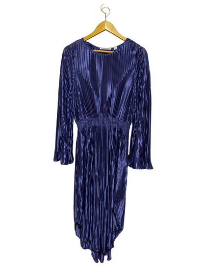 COUNTRY ROAD |M| BUST 17| B37| SHIMMERING METALLIC NAVY BLUE PLEATED MIDI DRESS LONG SLEEVE SMOCKED WAIST COCKTAIL DRESS