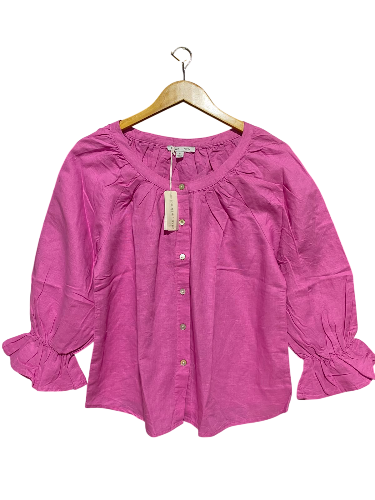 GRAE LINEN |L| BUST 20| B37| PINK LINEN BLEND BLOUSE 3/4 SLEEVE RUFFLE CUFF BUTTON UP SHIRT
