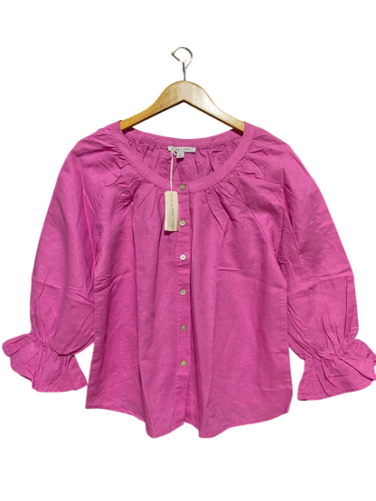 GRAE LINEN |L| BUST 20| B37| PINK LINEN BLEND BLOUSE 3/4 SLEEVE RUFFLE CUFF BUTTON UP SHIRT