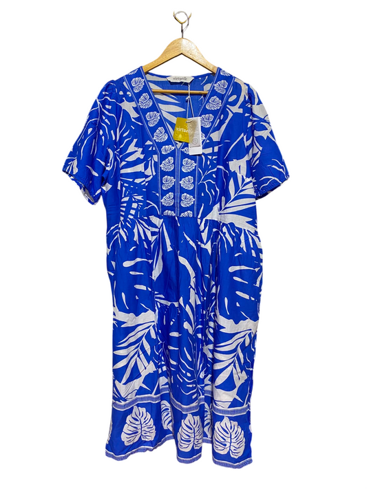 VIRTUELLE |XL| BUST 24| B37| VIRTUALLE BRAND NEW WITH TAGS BLUE TROPICAL MONSTERA LEAF PRINT V-NECK SHORT SLEEVE MIDI DRESS