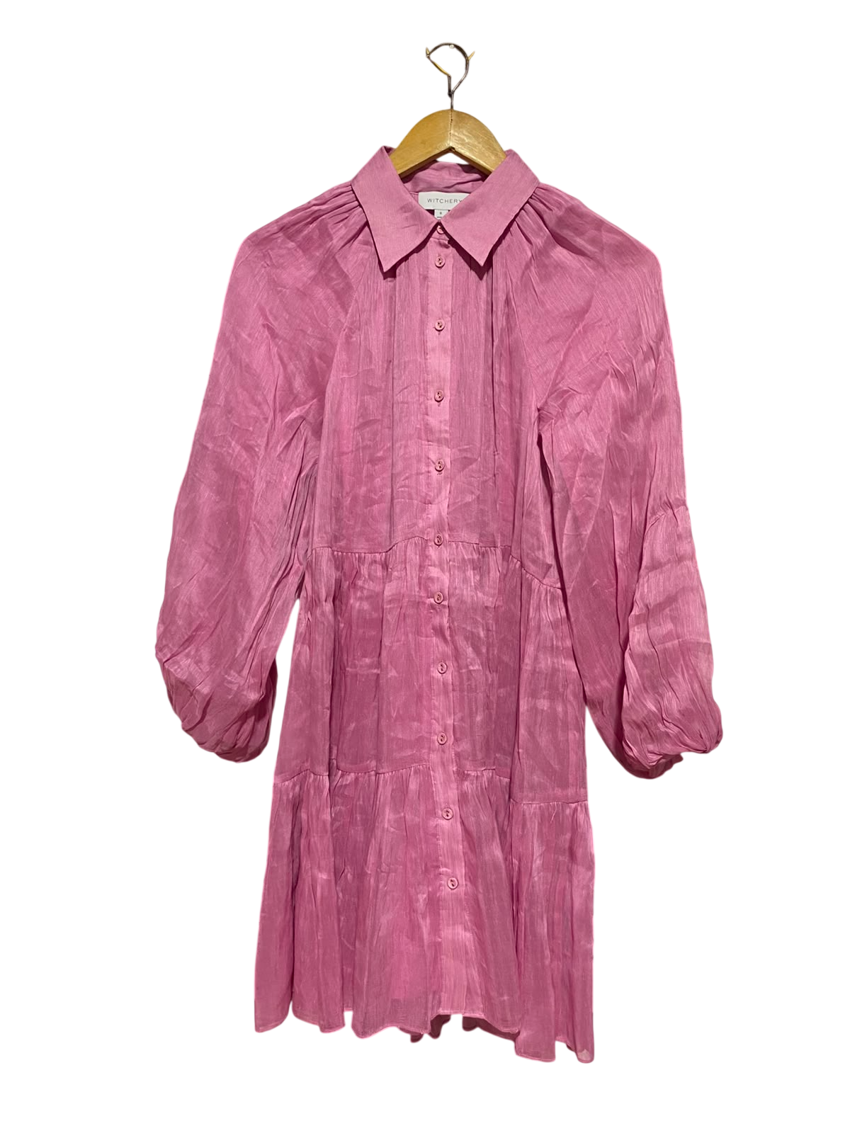 WITCHERY |M| BUST 18| B37| MAUVE PINK TIERED SHIRT DRESS BUTTON UP LONG BALLOON SLEEVE CRINKLE MINI SHIRTDRESS