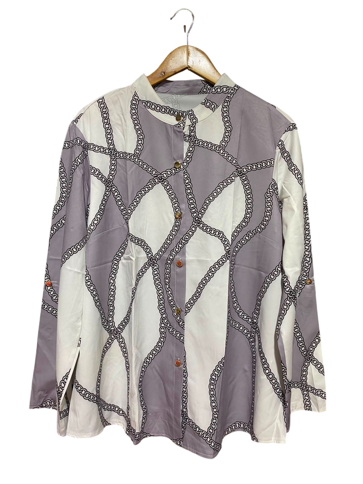 SHEIN CURVE |XL| BUST 23| B37| ELEGANT CHAIN LINK PRINT BUTTON UP BLOUSE MAUVE GREY AND WHITE LONG SLEEVE MANDARIN COLLAR SHIRT