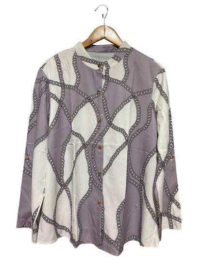 SHEIN CURVE |XL| BUST 23| B37| ELEGANT CHAIN LINK PRINT BUTTON UP BLOUSE MAUVE GREY AND WHITE LONG SLEEVE MANDARIN COLLAR SHIRT