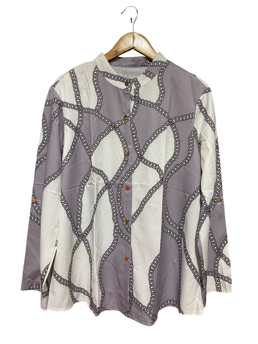 SHEIN CURVE |XL| BUST 23| B37| ELEGANT CHAIN LINK PRINT BUTTON UP BLOUSE MAUVE GREY AND WHITE LONG SLEEVE MANDARIN COLLAR SHIRT
