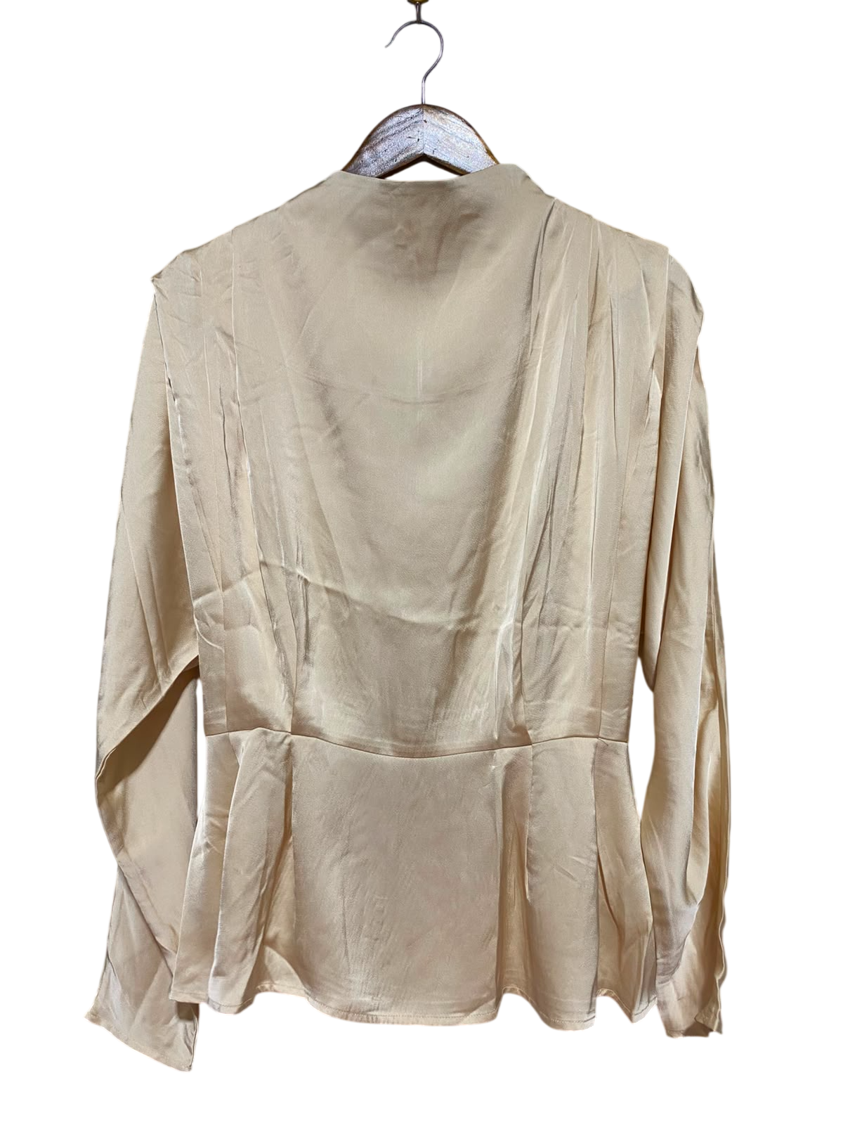 H&M |M| BUST FREE| B37| CHIC CHAMPAGNE SILK SATIN LONG SLEEVE BLOUSE PEPLUM WAIST ELEGANT VINTAGE GLAM PARTY SHIRT