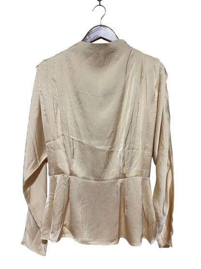 H&M |M| BUST FREE| B37| CHIC CHAMPAGNE SILK SATIN LONG SLEEVE BLOUSE PEPLUM WAIST ELEGANT VINTAGE GLAM PARTY SHIRT